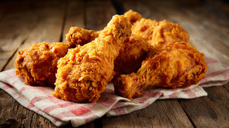 Delicious golden crispy fried chicken pieces arranged on rustic wood surfaceの素材