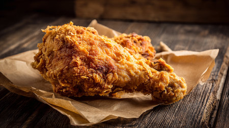 Delicious crispy fried chicken on rustic wooden surface, delectable and temptingの素材