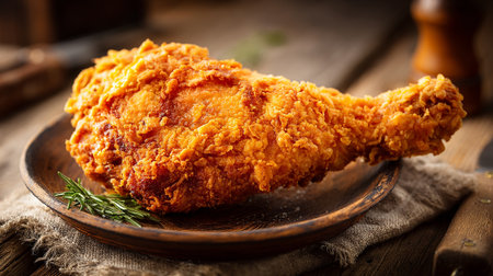 Crispy golden fried chicken drumstick displayed beautifully on a rustic wooden plate.の素材