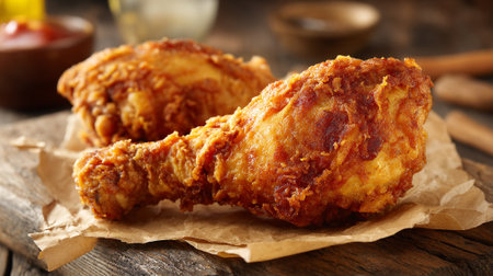 Golden fried chicken on craft paper displaying a delicious and inviting meal.の素材