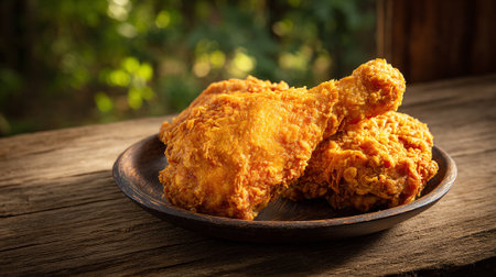 Crispy Fried Chicken on Wooden Plate, Rustic Food Photography Delightの素材