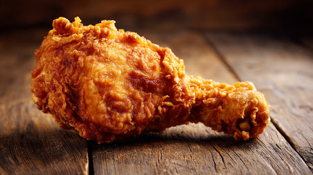 Crispy Fried Chicken Drumstick Appetizing on a Rustic Wooden Tabletopの素材
