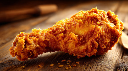 Crispy Golden Fried Chicken Leg on Dark Wood Surface with Studio Lightingの素材
