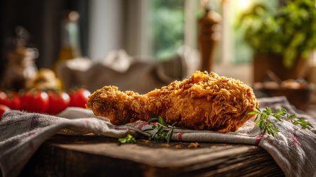 Crispy Fried Chicken Drumstick on Rustic Wooden Surface with Tomato Accentsの素材