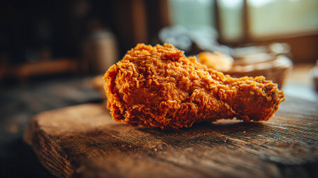 Delicious golden fried chicken drumstick served on a rustic wooden board.の素材