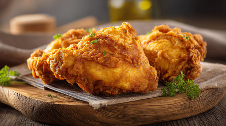 Crispy fried chicken pieces served on a rustic wooden board ready to eat.の素材