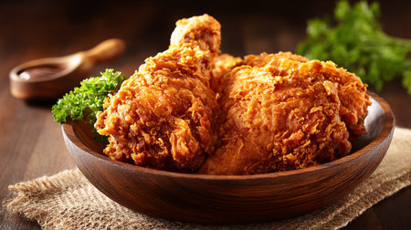 Crispy golden fried chicken in a rustic wooden bowl presentation.の素材