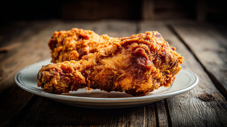 Two delicious crispy fried chicken drumsticks on a white plate surface.の素材