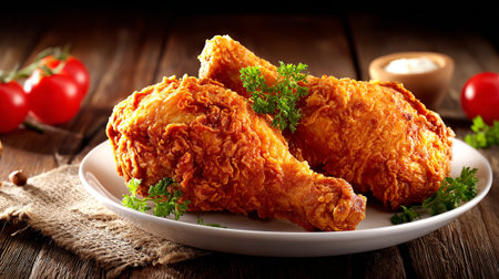 Golden Fried Chicken Drumsticks Garnished with Parsley on a White Plateの素材