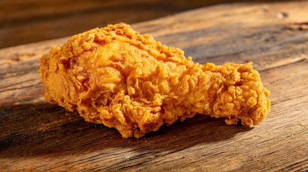 Delicious crispy fried chicken leg on a rustic wooden surface background.の素材