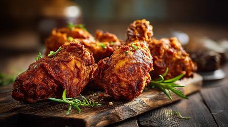 Delicious crispy fried chicken on a rustic wooden board ready to eat.の素材