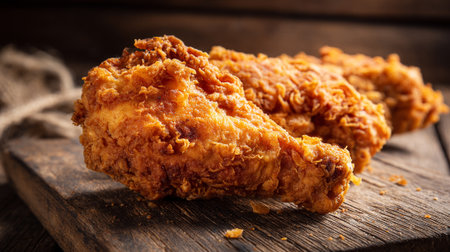 Golden Brown Fried Chicken on a Rustic Wooden Cutting Board Surfaceの素材