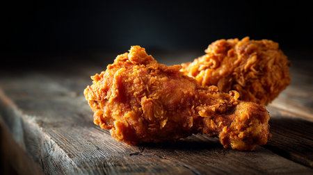 Crispy Golden Fried Chicken Drumsticks on Rustic Wooden Surfaceの素材
