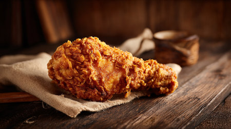 Crispy fried chicken drumstick on rustic wooden surface, delicious temptationの素材