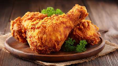 Delicious golden brown fried chicken drumsticks plated on rustic wooden surface.の素材