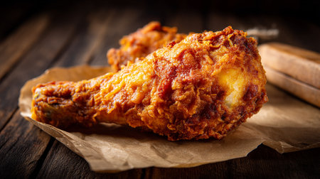 Crispy Golden Fried Chicken Drumstick on Rustic Wooden Tabletop Backgroundの素材