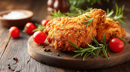 Delicious crispy fried chicken pieces on wooden board with tomatoes and rosemary.の素材