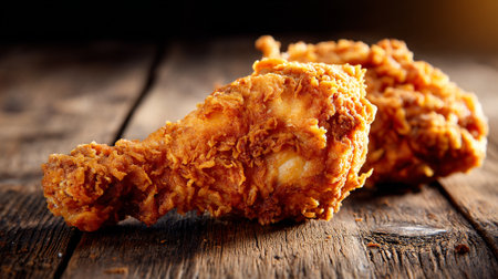 Crispy Fried Chicken Pieces Deliciously Placed on a Rustic Wooden Surfaceの素材