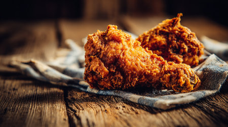 Crispy Fried Chicken on Rustic Wood Surface, Delicious and Appetizing Mealの素材