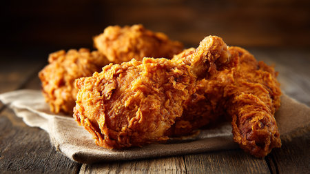 Golden Fried Chicken Displayed on Rustic Wooden Table with Burlapの素材