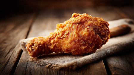 Delicious Crispy Fried Chicken Drumstick Presented on a Rustic Wooden Surfaceの素材
