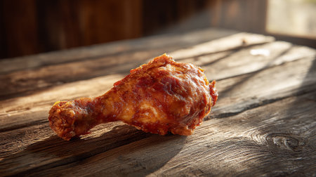 Single appetizing fried chicken drumstick resting on a rustic wooden surface.の素材