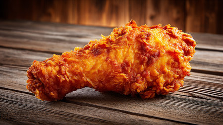 Crispy Fried Chicken Drumstick on Rustic Wooden Tabletop Backgroundの素材