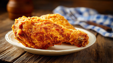 Delicious, Crispy Fried Chicken on a Rustic Wooden Table for Food Loversの素材