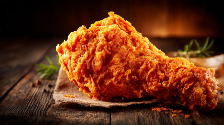Golden Fried Chicken Drumstick on Rustic Wood Surface, a Culinary Delightの素材