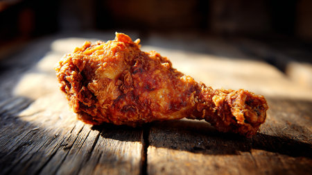 Delicious, crispy fried chicken drumstick on rustic wooden surface in warm lightの素材