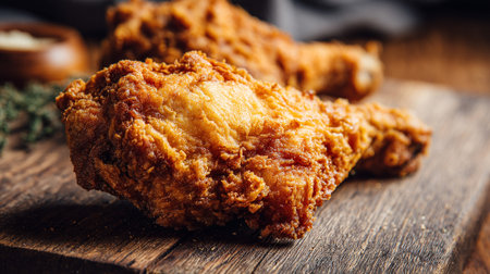 Golden Brown Perfection: Crispy Fried Chicken on Rustic Wooden Board.の素材