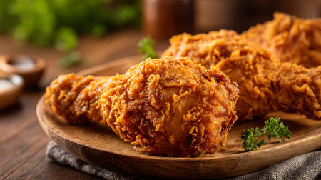 Golden brown crispy fried chicken on a rustic wooden plate, appetizingの素材