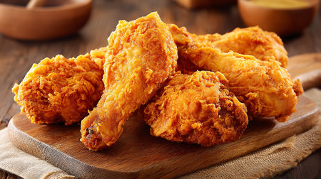 Delicious golden crispy fried chicken pieces served on rustic wooden boardの素材