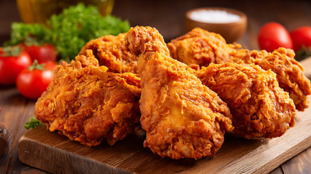Crispy golden fried chicken arranged on a rustic wooden serving boardの素材