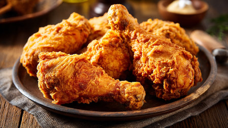 Crispy golden fried chicken drumsticks arranged on rustic wooden platterの素材