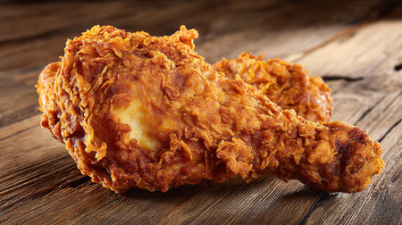 Crispy golden fried chicken drumsticks sitting on rustic wood surface and textureの素材