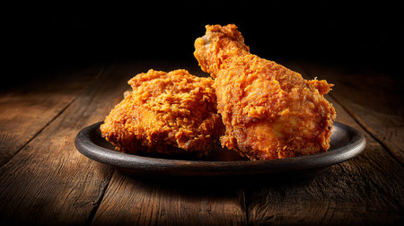 Crispy Fried Chicken Delight on Wooden Plate, Rustic Charm and Warm Tonesの素材