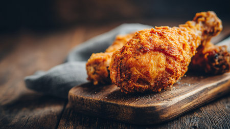 Crispy fried chicken drumsticks served on rustic wooden board for delicious meal.の素材