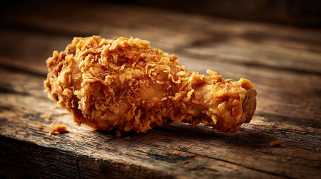 Golden crispy fried chicken drumstick rests enticingly on a rustic wooden surface.の素材