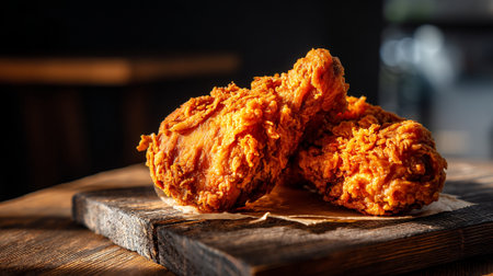 Golden Fried Chicken on a Rustic Wooden Board Ready to Eatの素材