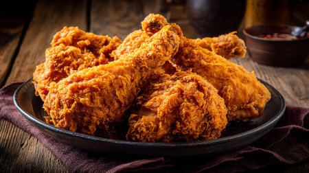 Crispy golden fried chicken on a rustic wooden table, enticing and delicious.の素材