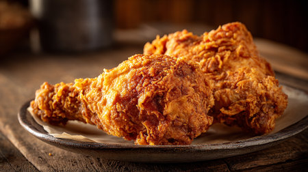 Two crispy fried chicken drumsticks on rustic plate, delicious comfort foodの素材