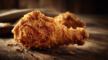Crispy Fried Chicken Drumstick on Rustic Wooden Surface, Delicious American Cuisineの素材