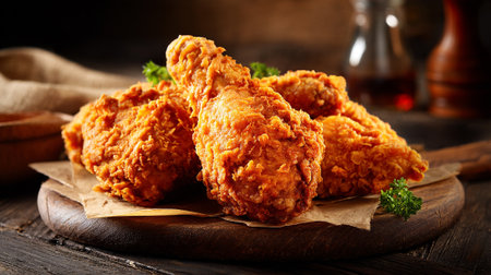 Delicious crispy fried poultry resting elegantly on a rustic wooden boardの素材