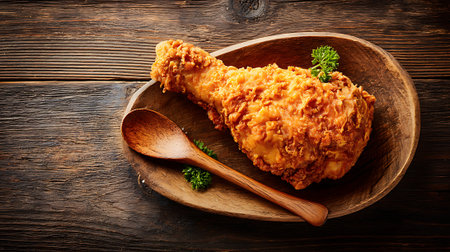 Crispy Fried Chicken Leg on Rustic Wooden Plate with Wooden Spoonの素材