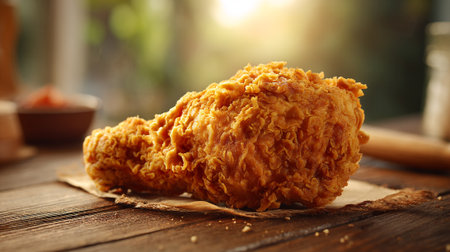 Delicious crispy fried chicken drumstick presented on rustic wooden table surfaceの素材