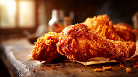 Crispy fried chicken drumsticks golden and delicious served on wooden surfaceの素材