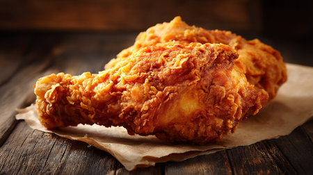 Golden Crispy Fried Chicken Deliciousness on Rustic Wooden Surfaceの素材