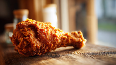 Tempting golden crispy fried chicken leg presented on rustic wooden surfaceの素材