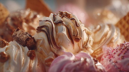 Delicious gelato with chocolate, caramel drizzle and waffle cookies in a trayの素材